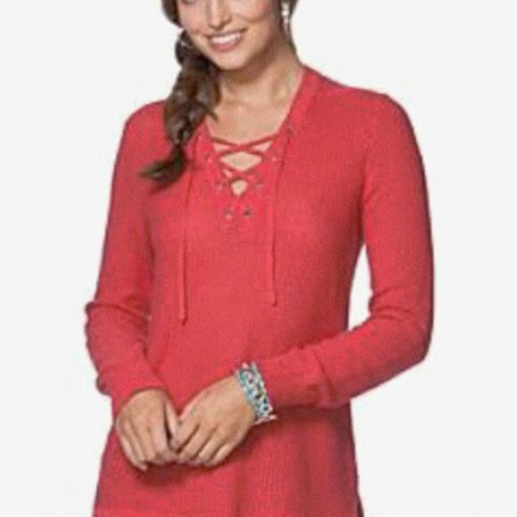 Linen Blend Lace-Up V-Neck Tunic Longline Waffle Knit Sweater Size Large - Picture 1 of 7